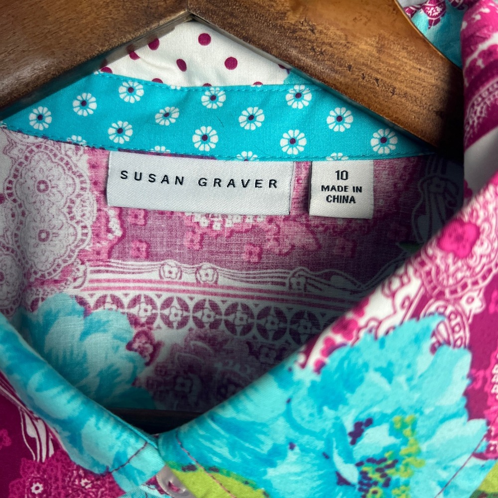 Susan Graver Patchwork Button Down Size 10 Floral… - image 3